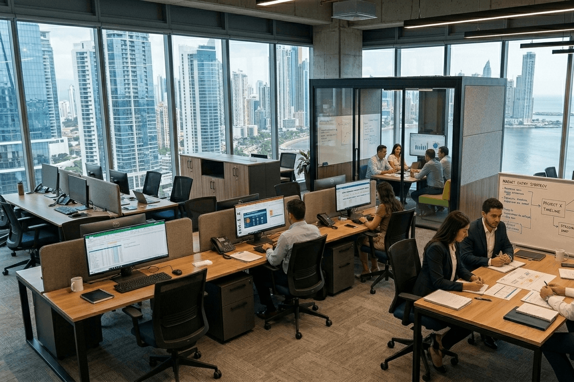 Oficina moderna con equipo colaborando frente a grandes ventanales